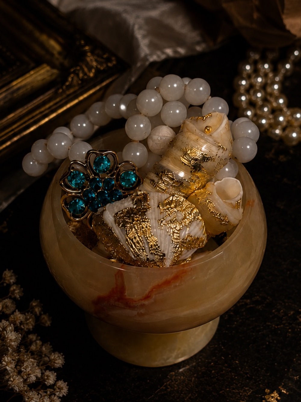Onyx Stone Bowl with Gold-Accented Shell Beads and Strands- Cream & Gold